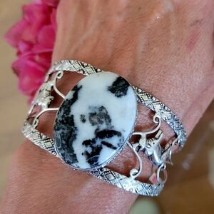 🖤 White Buffalo Turquoise Gemstone Boho Cuff Sterling Silver Bracelet